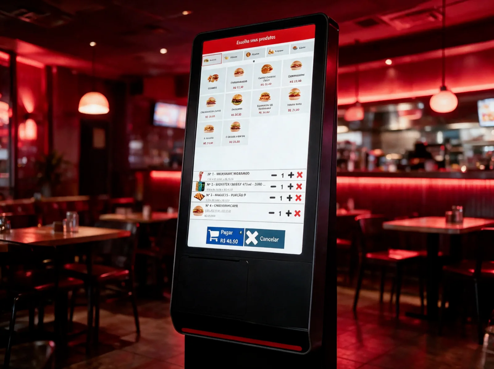 Totem de autoatendimento com tela vertical no salão do restaurante, mostrando o carrinho e o botão de pagar