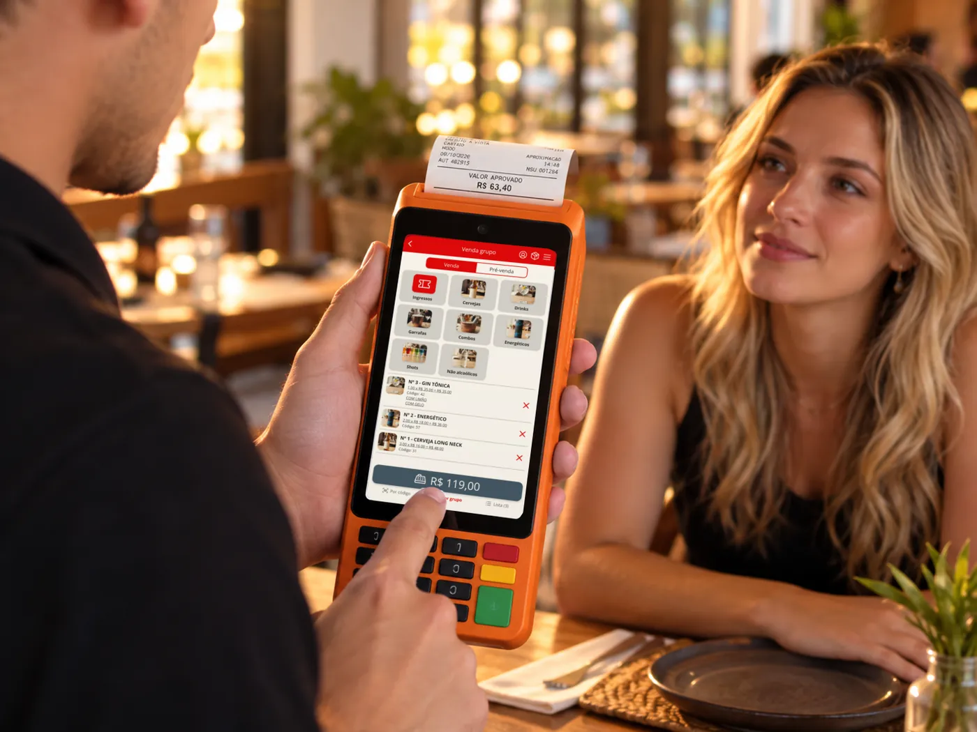 Garçom mostra o pedido lançado na maquininha com sistema NoxMob para a cliente, em um bar