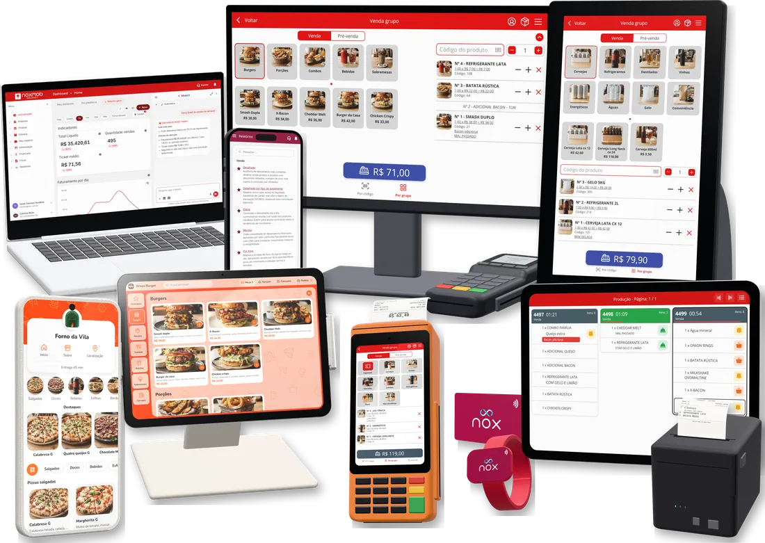 Sistema NoxMob com a MobIA no notebook, PDV, totem, tablet, celular, KDS, maquininha e cartão Cashless